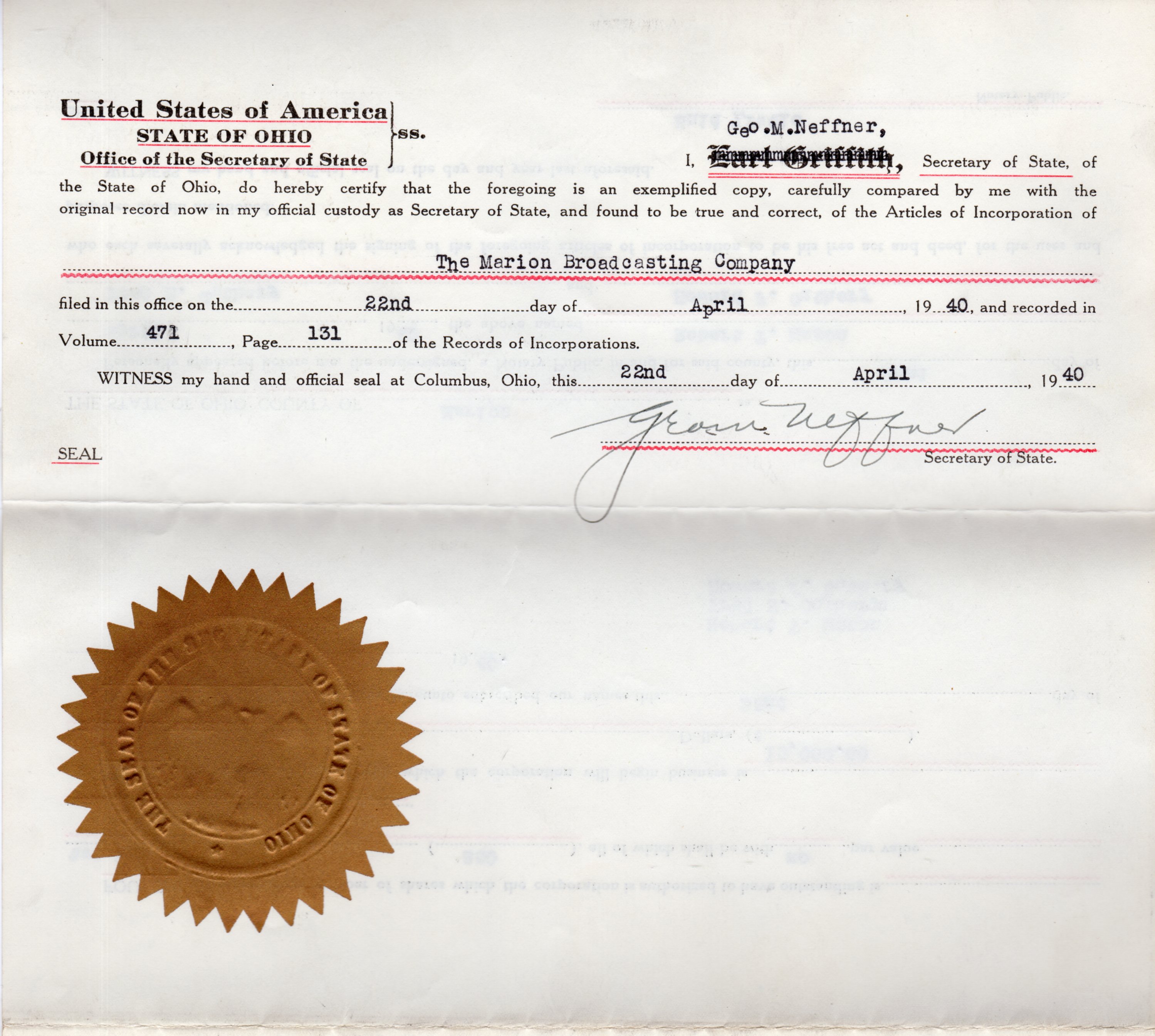 Certification page with Ohio state seal