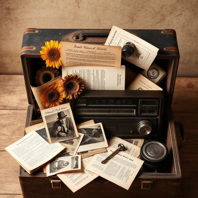 Vintage archive box with documents and memorabilia